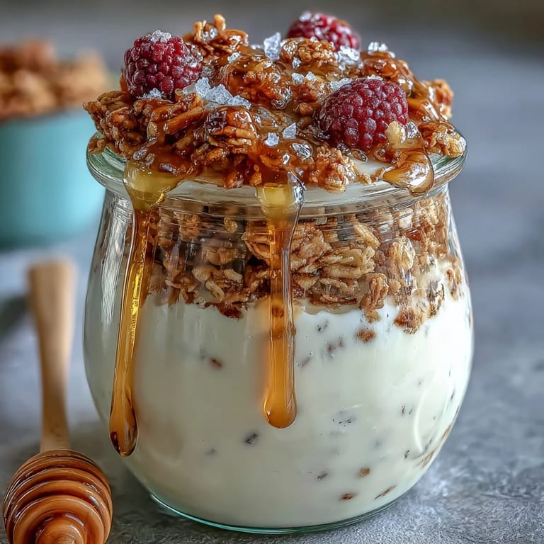A luscious parfait featuring tangy yogurt, granola clusters, and rich salted honey for breakfast or dessert.  