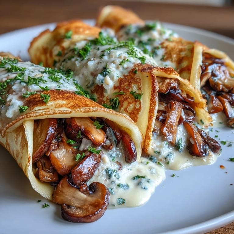 Delicate crepes filled with a rich blend of wild mushrooms, thyme, and chives, topped with melted Gruyère cheese.