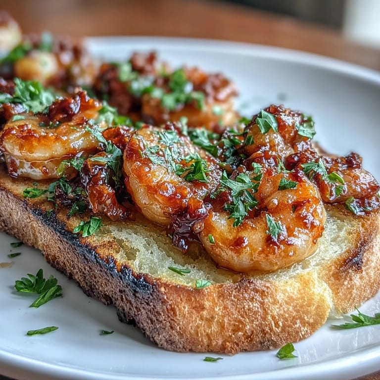 Crispy toasted bread topped with tender shrimp in Calabrian chili oil, garnished with parsley and fresh lemon zest.  