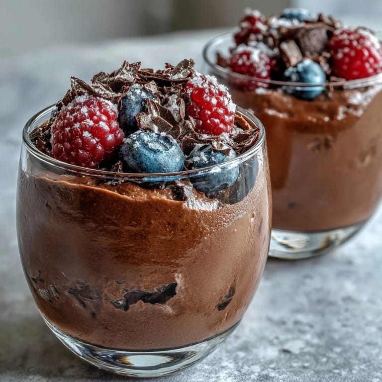 Velvety chocolate mousse made with cottage cheese, garnished with mixed berries and dark chocolate shavings.  