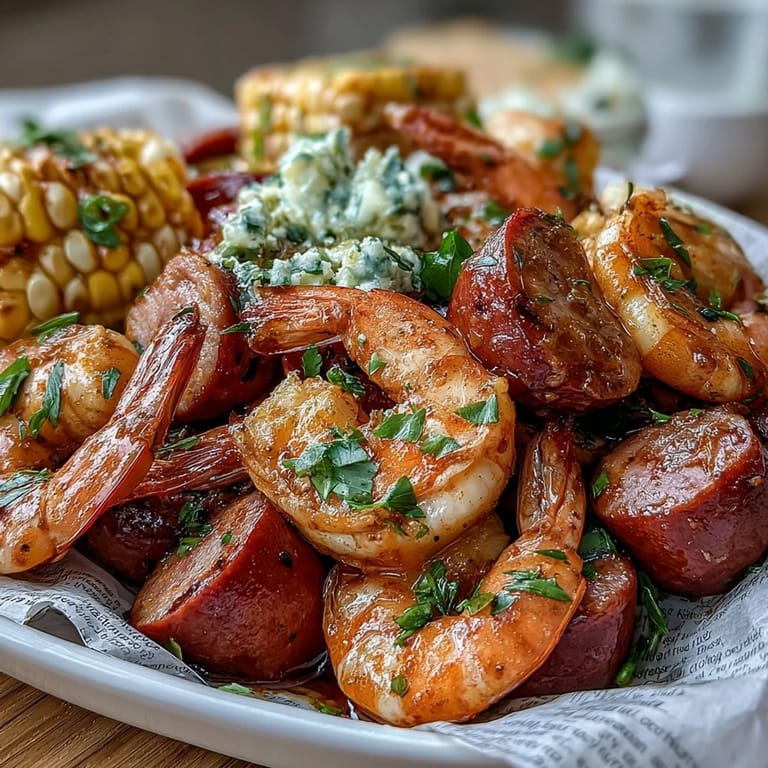 Close-up of Cajun shrimp and sausage boil, featuring tender shrimp, smoky sausage, sweet corn, and onions in a savory broth.