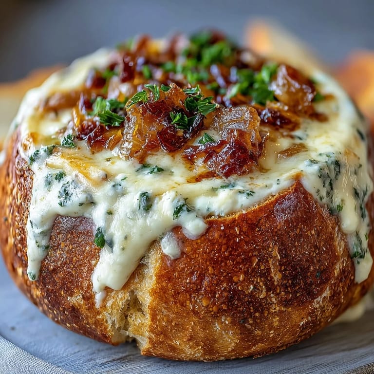 Golden sourdough bread bowl filled with rich, savory onion dip and garnished with fresh chives for a crowd-pleasing appetizer.  