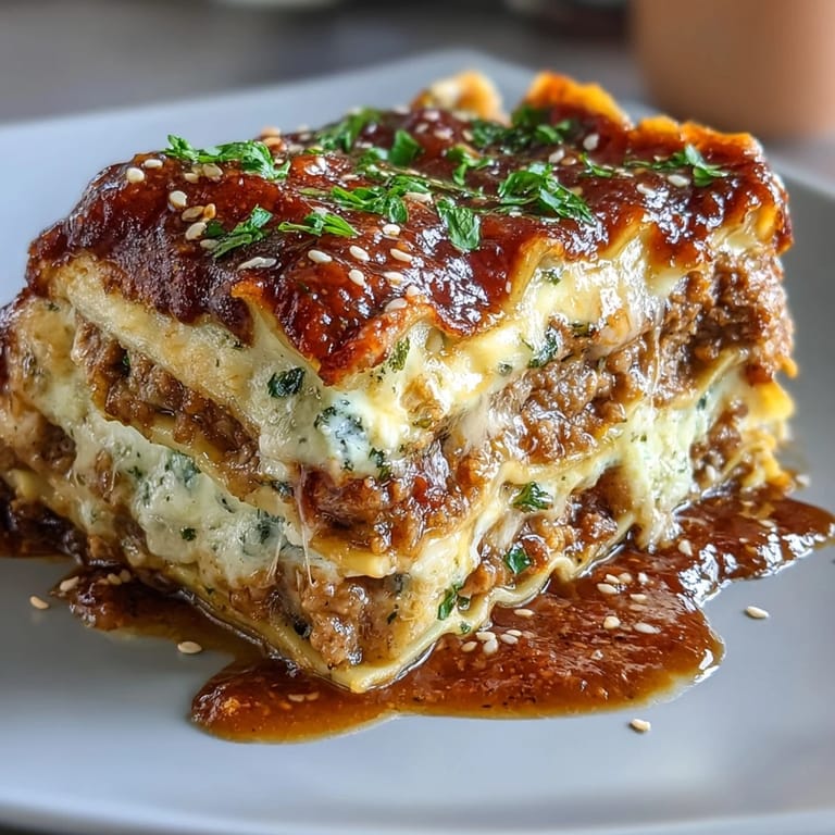 Asian Dumpling Lasagna with Soy Ginger Sauce: Savory Asian-inspired lasagna with layers of dumpling wrappers, hearty filling, and tangy soy ginger sauce, baked until golden.