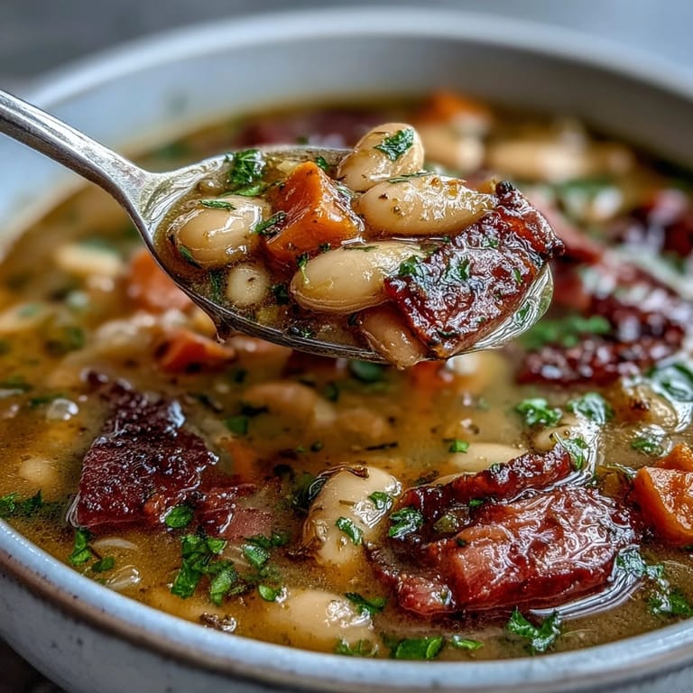 A close-up view of the hearty ham and bean soup showing sliced carrots and celery in a savory broth.