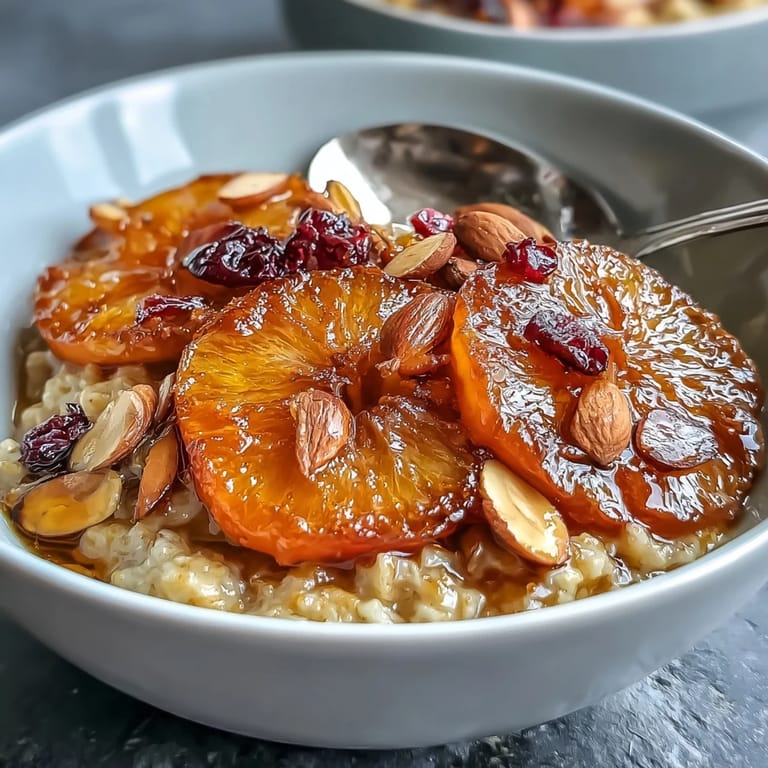 Creamy oatmeal infused with vanilla, adorned with candied orange slices, tart cranberries, and toasted almonds in a cozy, comforting brunch dish.