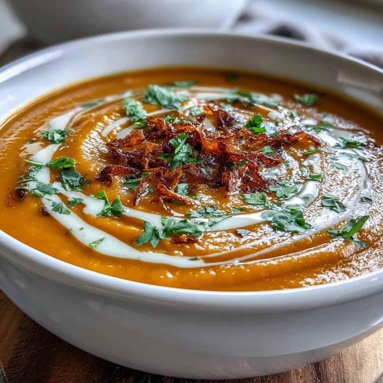 Vibrant vegan Carrot and Orange Soup with Ginger and Coconut Milk, featuring a smooth orange-hued texture and aromatic spices, perfect for a light and healthy meal.