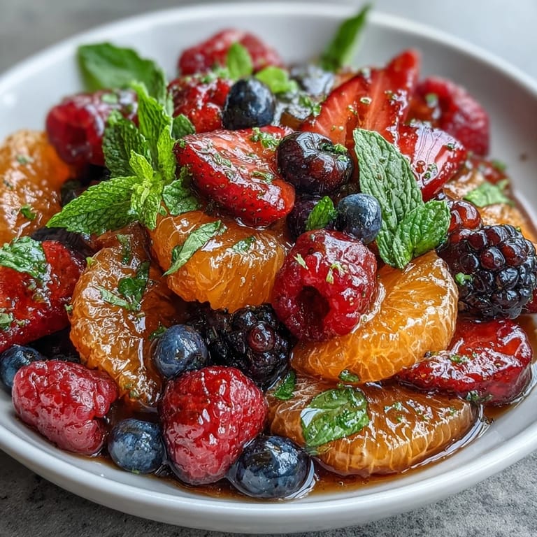 Colorful citrus and berry medley, tossed with fresh mint and honey-lime dressing for a vibrant brunch side.  