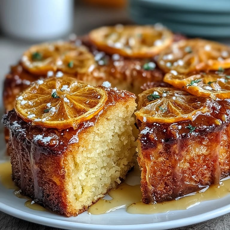 Gluten-free olive oil cake with almond flour, crowned with sweet candied oranges and a dusting of powdered sugar for a bright finish.