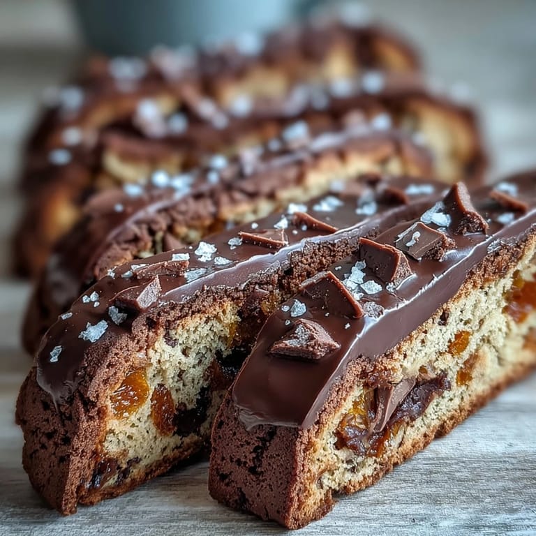 Crunchy biscotti slices with sweet candied orange peel and melted dark chocolate, a delightful treat for tea or coffee.
