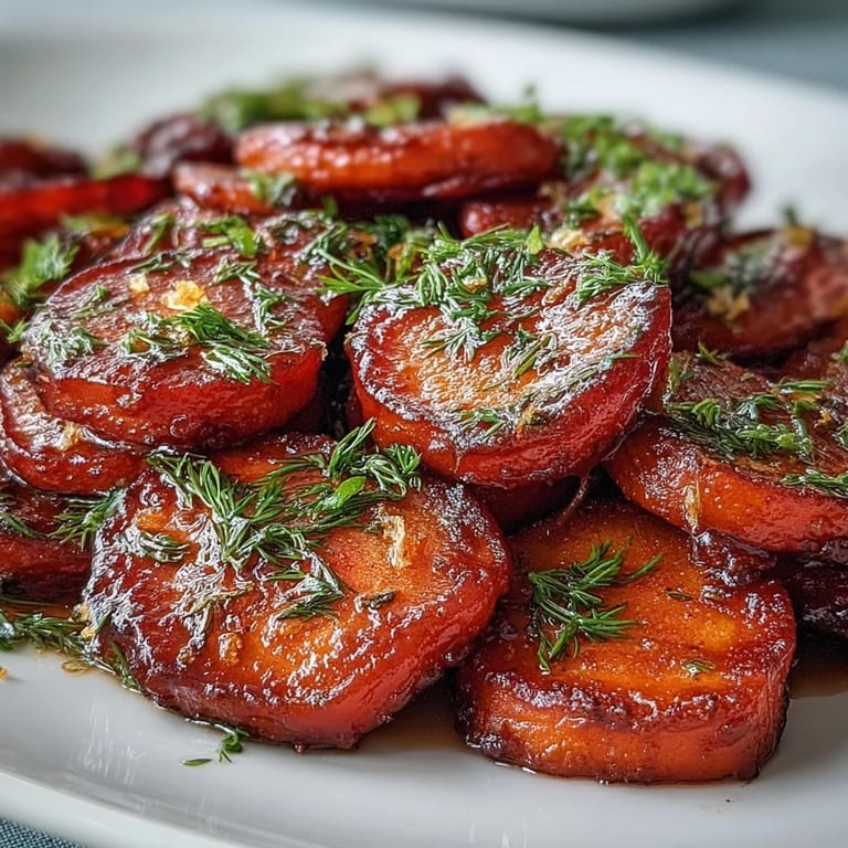 Close-up of carrots coated in a sweet and tangy orange honey glaze, garnished with chopped dill for fresh flavor and visual appeal.  