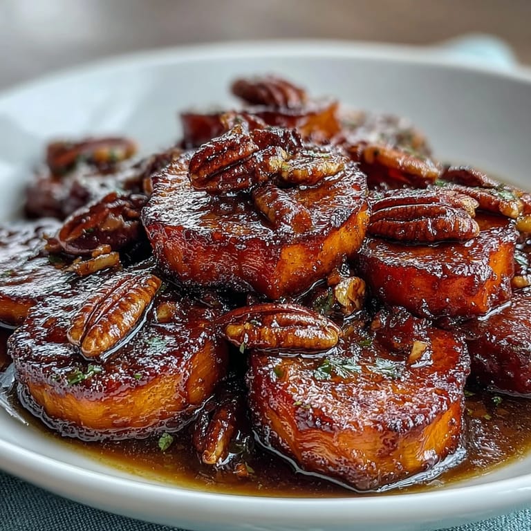Golden baked yams coated in rich brown sugar glaze and garnished with fragrant toasted pecans for added crunch.