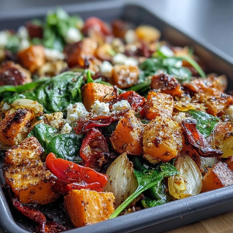 Hearty breakfast hash featuring caramelized sweet potatoes, bright orange slices, and tender spinach, all baked on one sheet pan.