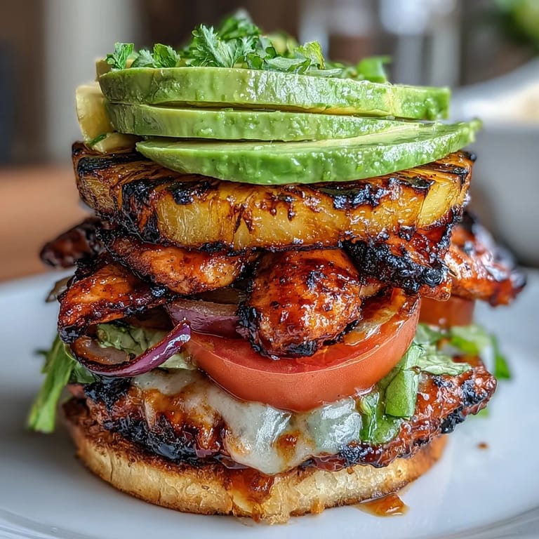 Mouthwatering grilled chicken breasts stacked with fresh pineapple rings, avocado, and vibrant veggies—an easy, healthy main dish for summer.