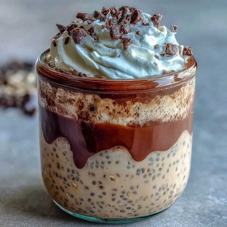 Chilled overnight oats layered with coffee, vanilla bean, and Greek yogurt, perfect for a refreshing breakfast on the go.  