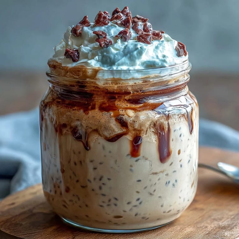 Mason jar filled with vanilla bean frappuccino overnight oats, finished with espresso powder and cocoa nibs for a café-inspired morning treat.