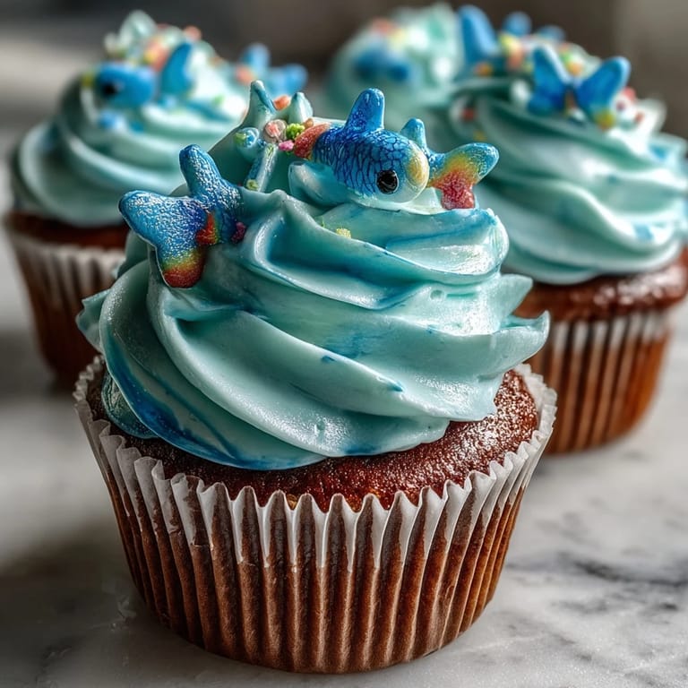 Charming Pisces-themed cupcakes decorated with handcrafted fondant fish, blue frosting waves, and edible glitter for a magical dessert.