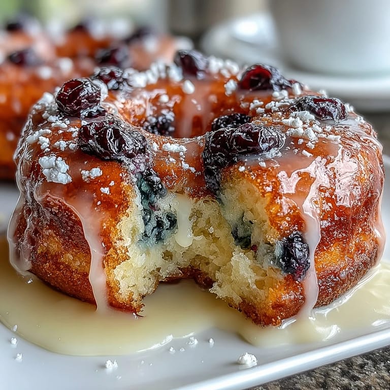 Golden-baked lemon blueberry sourdough donuts with tangy glaze, perfect for a naturally leavened breakfast treat.  