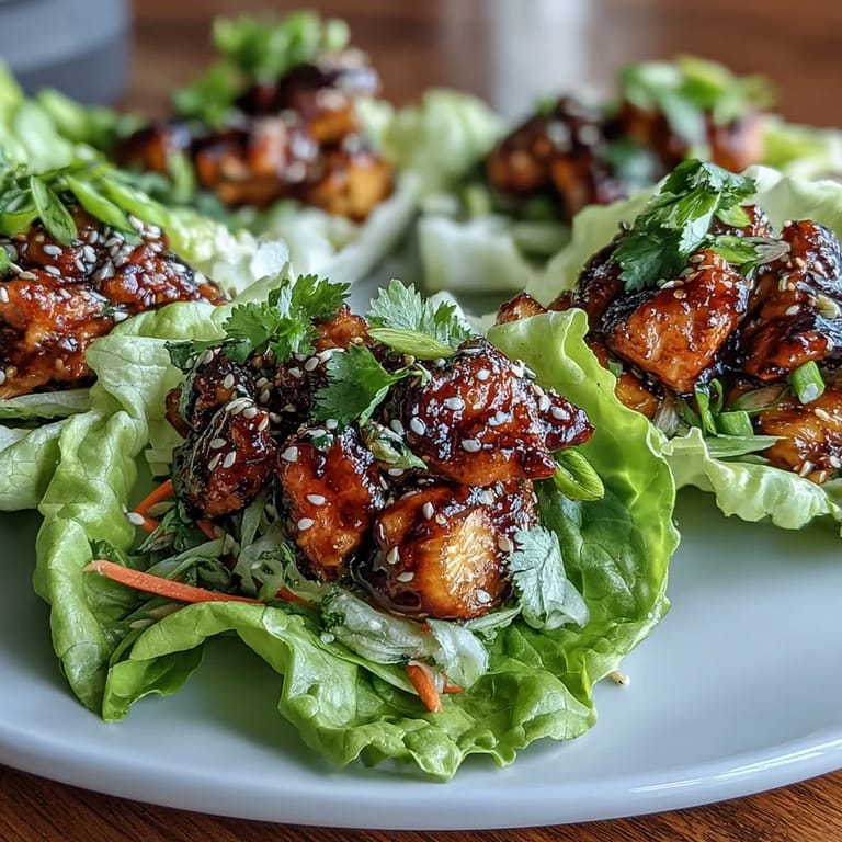 Fresh lettuce cups packed with teriyaki chicken, juicy pineapple, and vibrant vegetables, topped with sesame seeds and herbs.