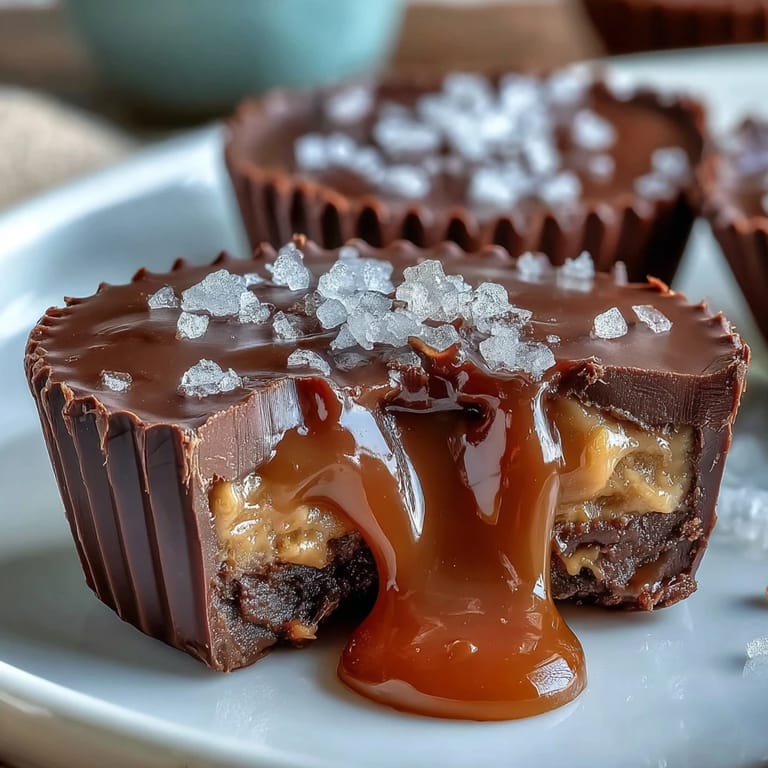 Rich chocolate cups filled with creamy peanut butter and gooey salted caramel, finished with a sprinkle of sea salt for irresistible flavor.