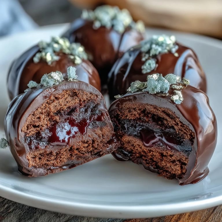 Elegant strawberry-infused chocolate truffles enrobed in dark chocolate and garnished with edible gold, perfect for a lavish dessert presentation.