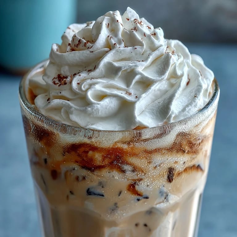 Refreshing vanilla bean frappuccino topped with fluffy coconut whipped cream, served in tall glasses with a sprinkle of cinnamon.