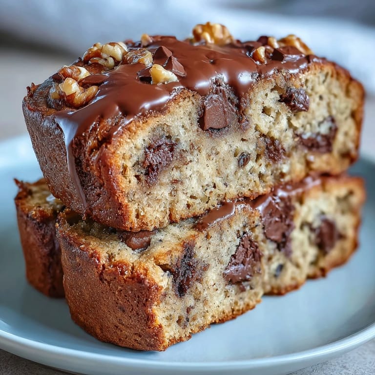 High-protein banana bread loaf with ripe bananas and vanilla protein powder, topped with melty dark chocolate chips for a nutritious treat.