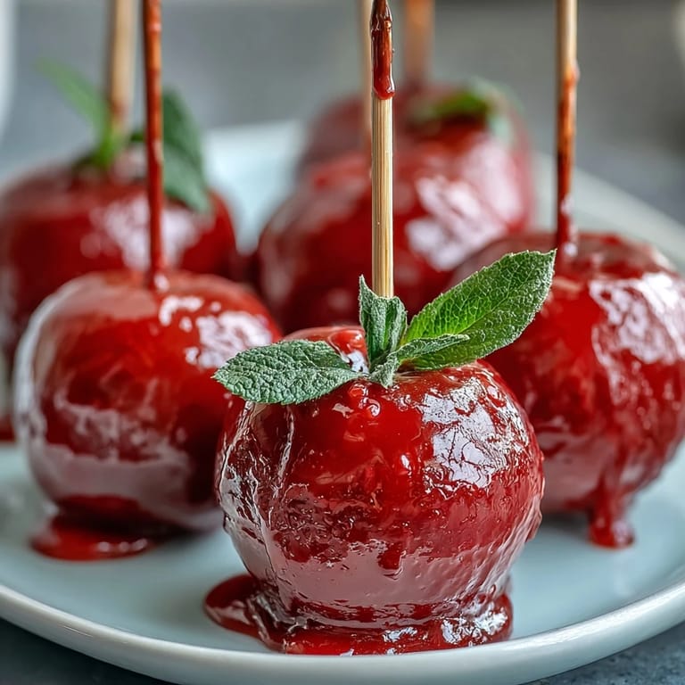 Bite-sized apples dipped in vibrant red hard candy shell, ideal for autumn celebrations and fun snacking.