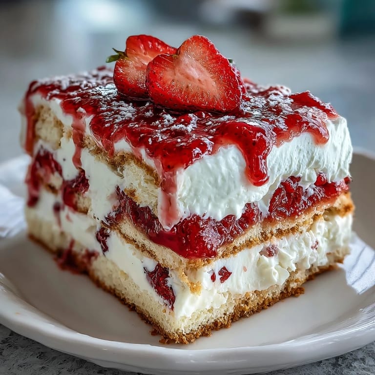 Golden, buttery biscuit layers stacked with sweet strawberries and fresh whipped cream in a timeless American dessert.
