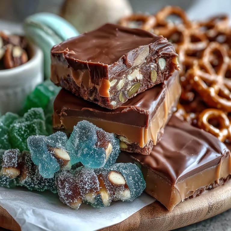 Vibrant St. Patricks Day charcuterie spread featuring green gummy candies, mint cookies, and chocolate gold coins on a decorative platter.