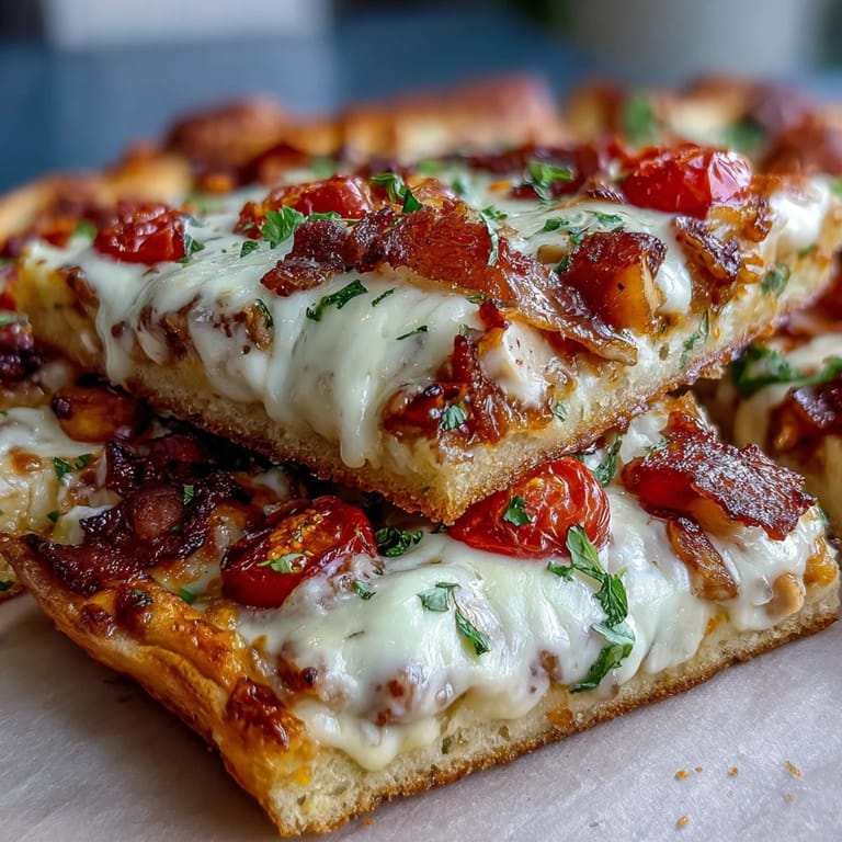A close-up view of the finished Hot Brown Flatbread Pizza topped with melted cheese, turkey, and crispy bacon bits.