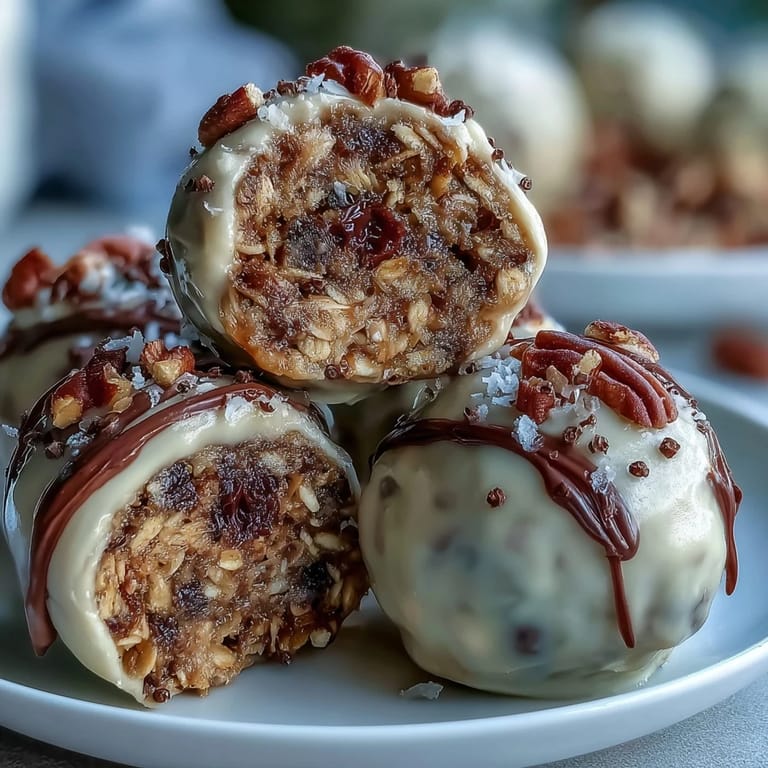 Soft, chewy peanut butter oat balls mixed with coconut and flaxseed, ready to enjoy without baking.  