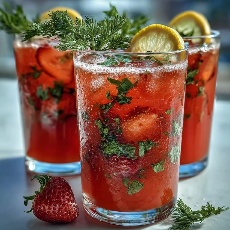 Cold strawberry basil lemonade in a glass, topped with sparkling water and garnished with fresh strawberries.
