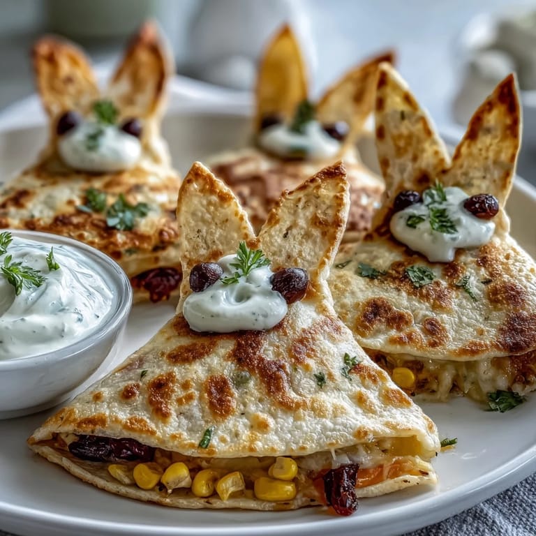 Cheesy bunny-shaped quesadillas with colorful bell peppers and corn, baked golden and topped with olive eyes and carrot noses for kids.