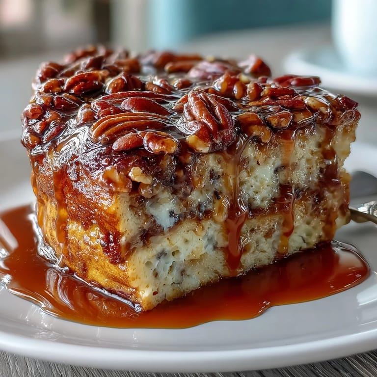 Warm, oven-baked pancake casserole topped with swirls of maple syrup and a dusting of powdered sugar.