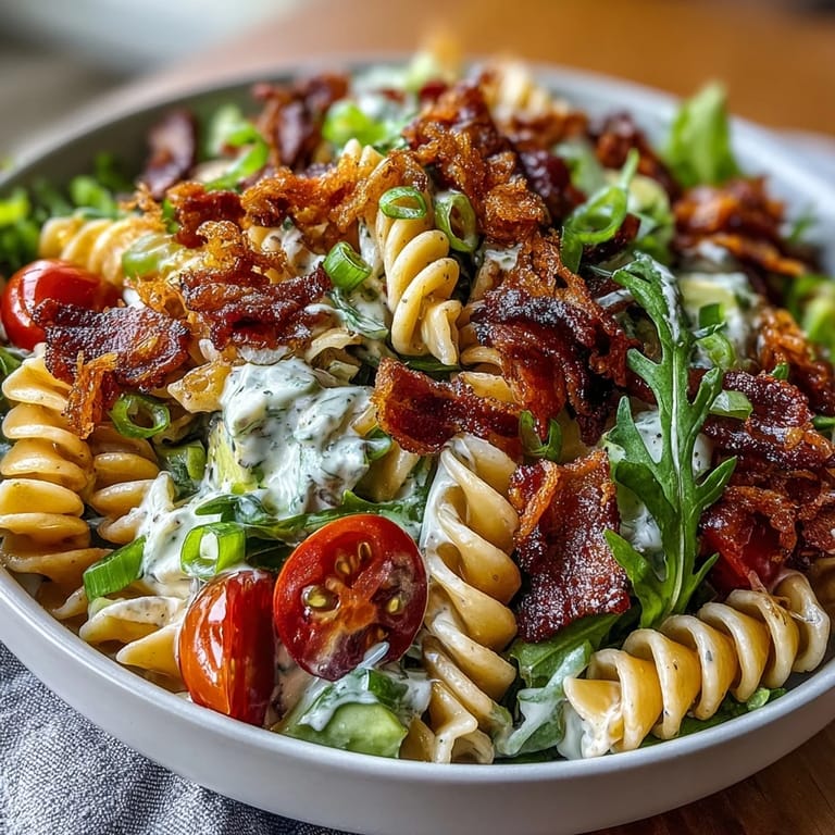 Creamy BLT pasta salad featuring smoky bacon, fresh lettuce, and smooth avocado, ideal for a satisfying lunch or potluck.