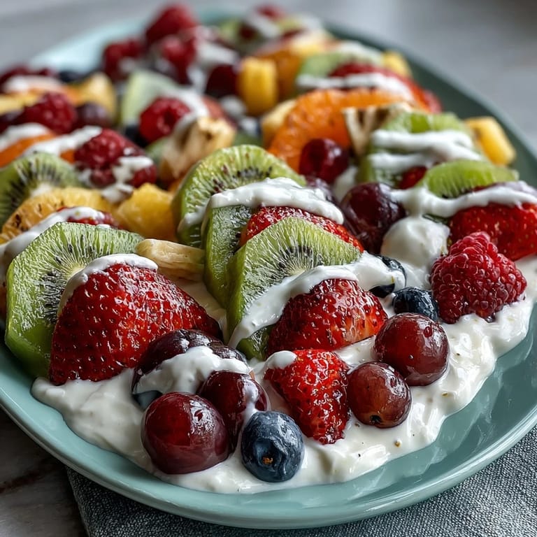 Colorful fruit arrangement featuring mango, blueberries, and grapes paired with tangy lemon-honey yogurt dip—perfect for brunch or parties.