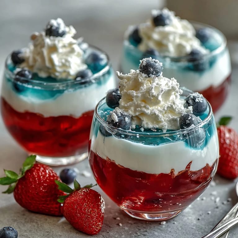 Festive red, white, and blue Jello cups with distinct layers of strawberry, creamy white gelatin, and blue raspberry, served chilled with optional whipped cream topping.