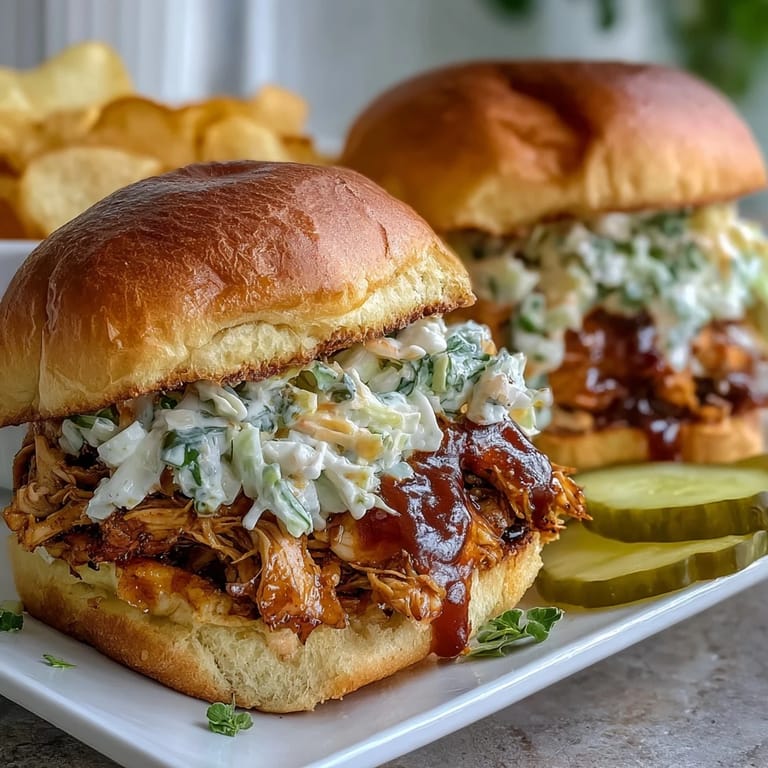 Festive shredded BBQ chicken sliders topped with crisp coleslaw, served on buttery slider buns for summer parties.  