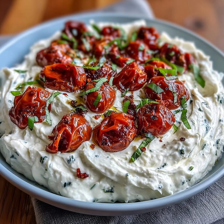 Whipped feta appetizer topped with caramelized cherry tomatoes and a drizzle of olive oil.  