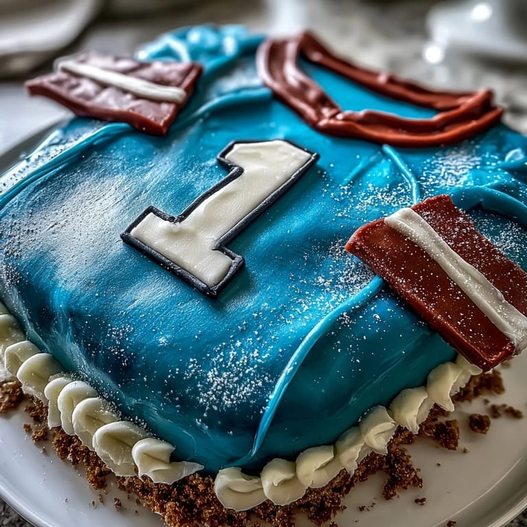 Festive graduation cake shaped like a jersey, complete with personalized number and name details.  