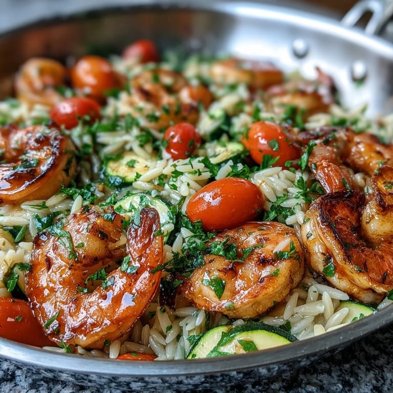 Zesty Lemon Butter Shrimp and Orzo dinner with fresh zucchini, cherry tomatoes, and a buttery lemon sauce.  