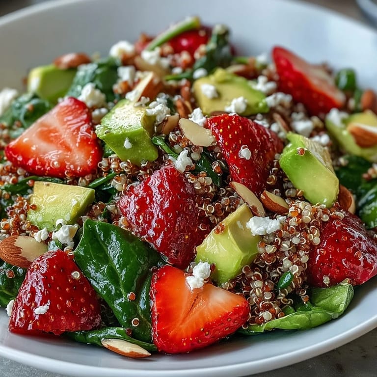 Vibrant quinoa salad featuring strawberries, avocado, and greens, topped with toasted almonds and zesty lemon-honey vinaigrette.  