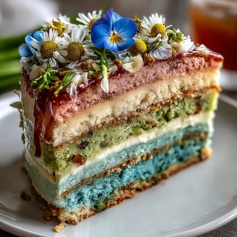 Elegant layered cake in gentle pastel shades, crowned with fresh edible blooms for a festive touch.  