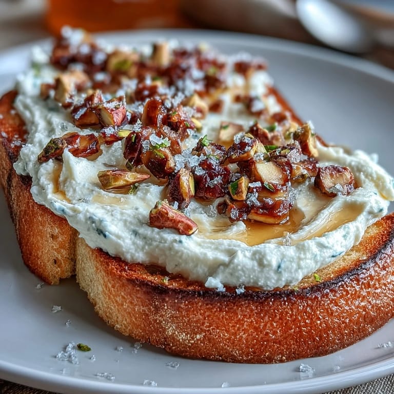Elegant Whipped Ricotta Bruschetta appetizer, featuring nutty pistachios and lemon zest.