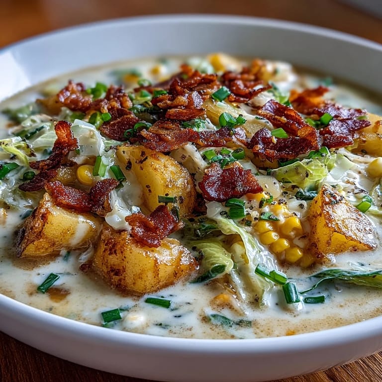 Creamy Cabbage Corn Chowder brimming with fresh vegetables, smoky bacon, and a touch of thyme.