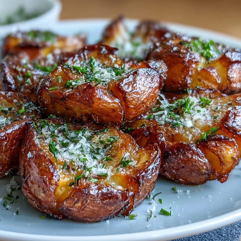 Delicious smashed potatoes, showcasing their golden, crackled texture and savory aroma.