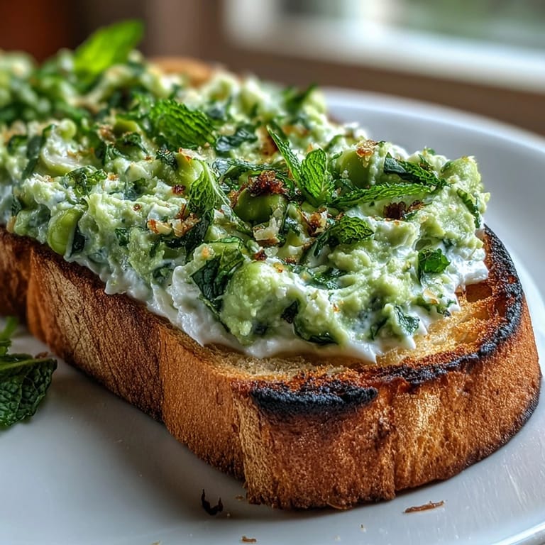 Creamy fava bean spread with mint and garlic served on smoky grilled sourdough bread.  