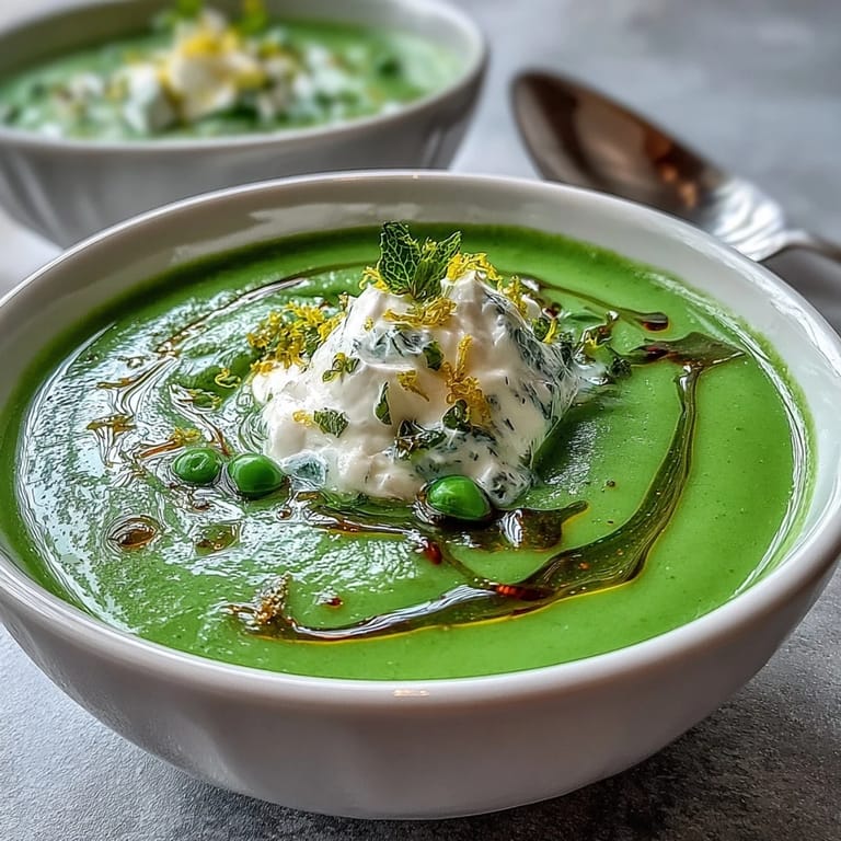 Velvety pea soup with whipped ricotta cream and fresh mint oil, served with optional crusty bread.