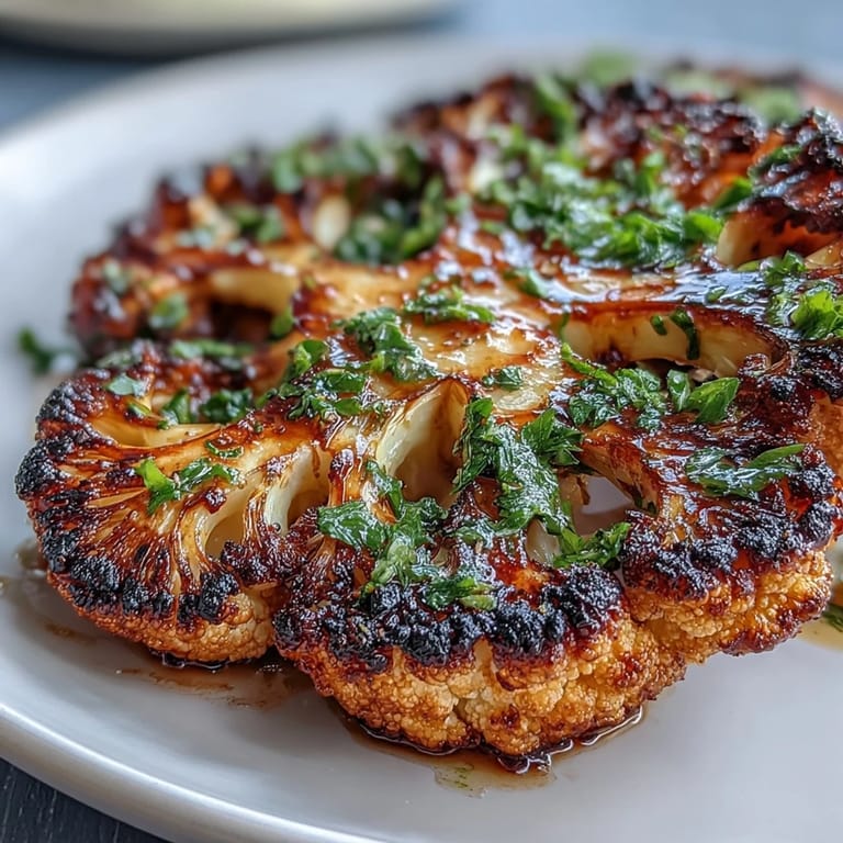 Charred cauliflower steaks topped with fresh, garlicky chimichurri, perfect for summer BBQs or plant-based entertaining. Gluten-free option.