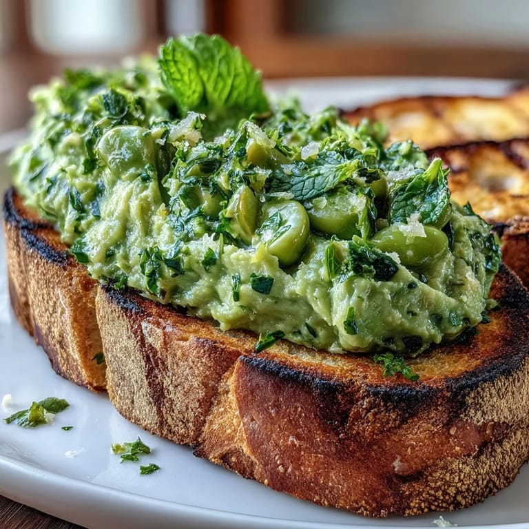 Vibrant green fava bean and mint topping on rustic grilled sourdough, perfect for spring appetizers.